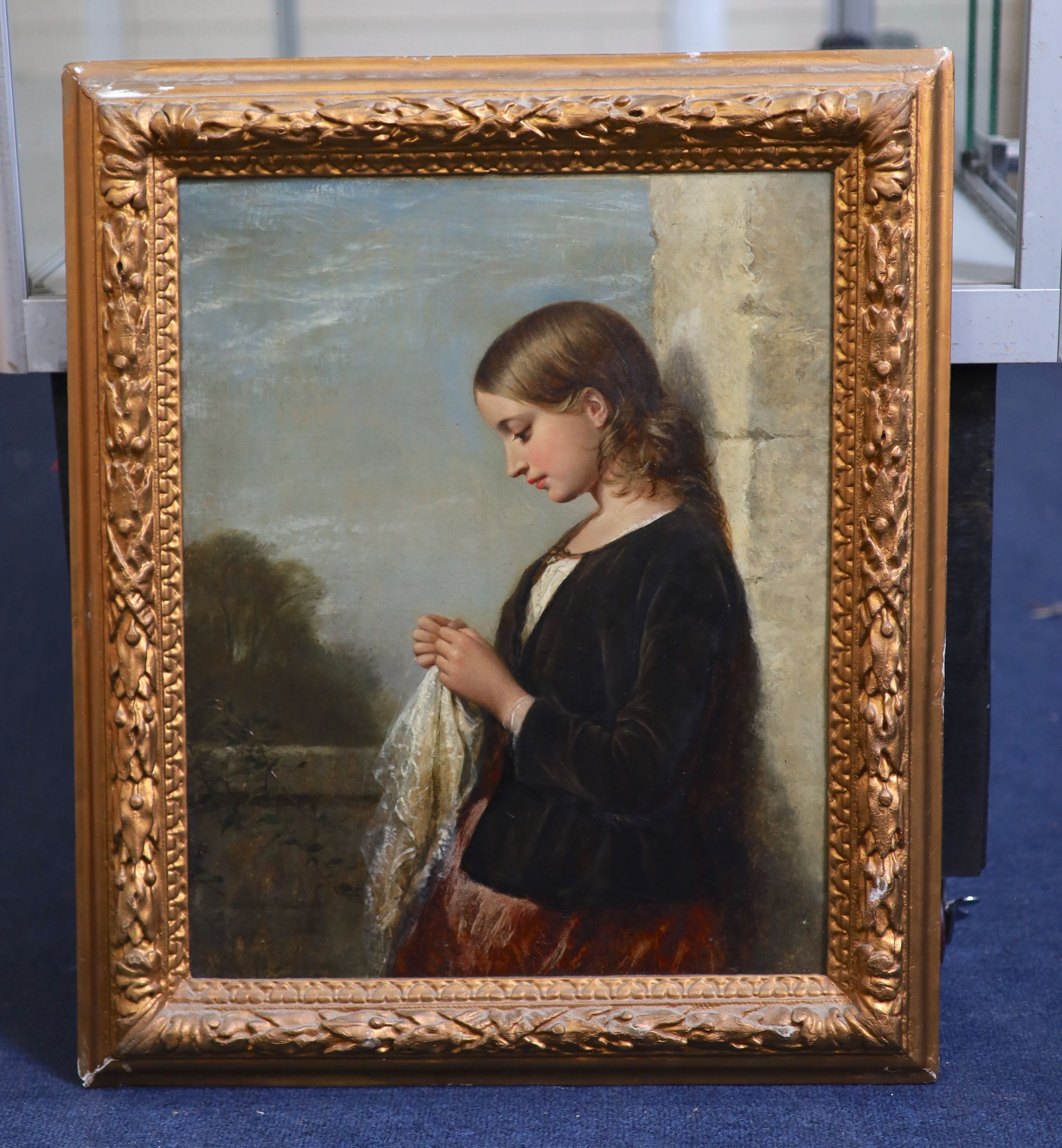 Edward John Cobbett (1815-1899), Girl with a lace handkerchief, Oil on panel, 42 x 34cm.